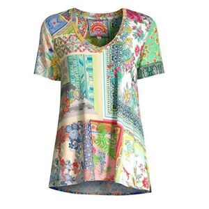 Johnny Was Anika Patchwork Shirt Bamboo V-Neck Multicolor Swing Tee Top Sz Large